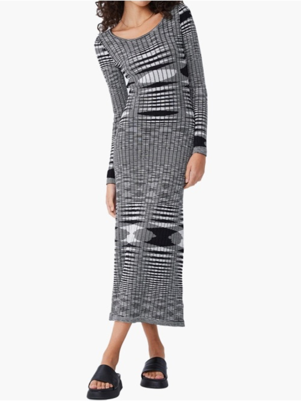 Cotton On Black & Gray Long-Sleeve Ribbed Knit Maxi Dress